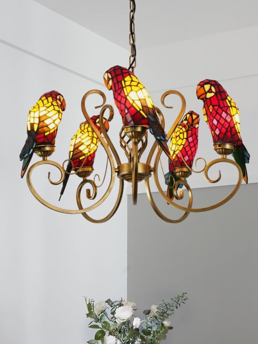 Tiffany Style Parrot Stained Glass Chandelier